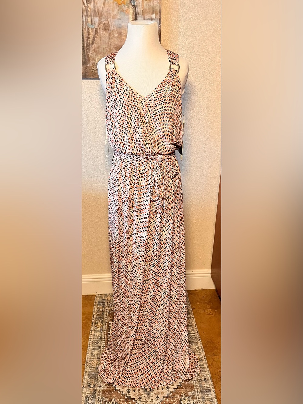 Guess White Multi Printed Belted Maxi Dress